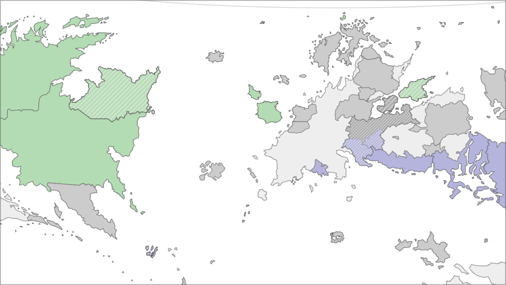 The Western Powers (green) and the Eastern Powers (violet).