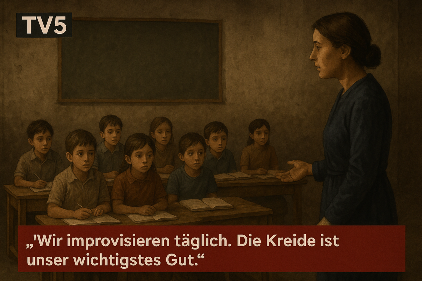 In einem Bericht des Nachrichtensenders TV5 sieht man Kinder in einem notdürftig eingerichteten Klassenzimmer ohne Strom. Eine Lehrerin spricht mit gedämpfter Stimme: "Wir improvisieren täglich. Die Kreide ist unser wichtigstes Gut."