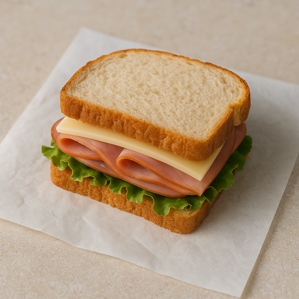 Das Bild zeigt ein Sandwich auf Papier.