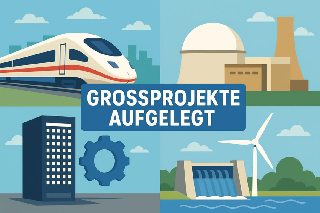 Vierfeld-Illustration: Hochgeschwindigkeitszug, Reaktor, Supercomputer/Industrie-Symbol und Wind-/Wasserkraftanlage; zentrales Banner „GROSSPROJEKTE AUFGELEGT“.
