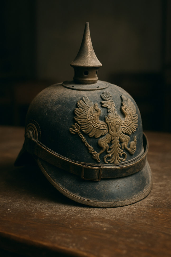 Verstaubte Pickelhaube mit Adleremblem und Metallschiene, abgelegt auf einem hölzernen Tisch.