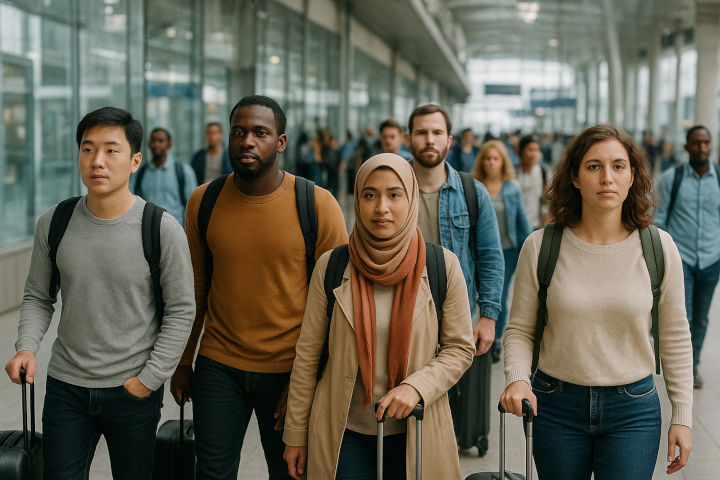 Diverse Gruppe von Reisenden mit Koffern geht durch ein helles, modernes Flughafenterminal.