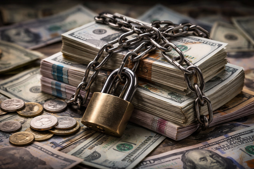 Mit Metallketten und einem Vorhängeschloss gesicherte Geldstapel liegen auf ausgebreiteten Banknoten und Münzen.